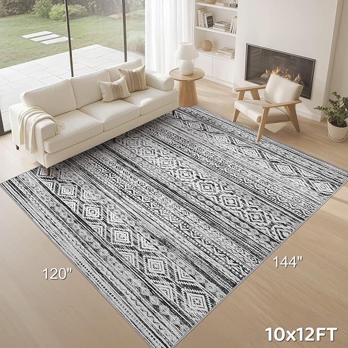 cotiled 10x12 Area Rug Living Room: Washable Boho Rugs with Non Slip Backing Large Soft Indoor Stain Resistant Carpet for Bedroom Farmhouse Dining Room Lightweight Home Decor White/Black