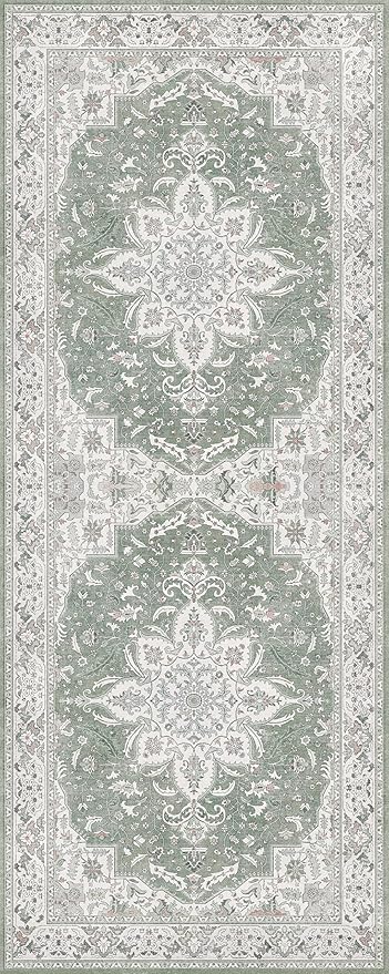 GENIMO 2'6''x8 Washable Vintage Runner Rug for Hallway, Non-Slip Low Pile Chenille Print Rug, Soft Rugs for Indoor Entryway Kitchen Corridor, Sage & Linen