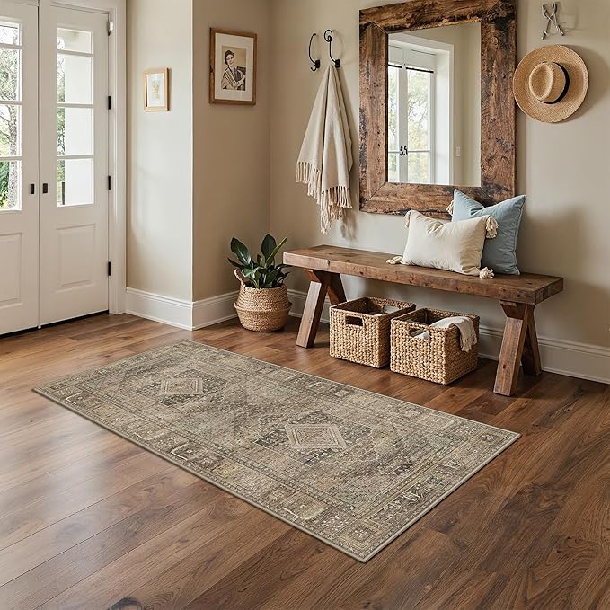 GENIMO Runner Rug 2x7 Non Slip Machine Washable Hallway Runner Vintage Rug, Low Pile Lightweight Rugs for Entryway, Hallway, Kitchen and Corridor, Chestnut Tan