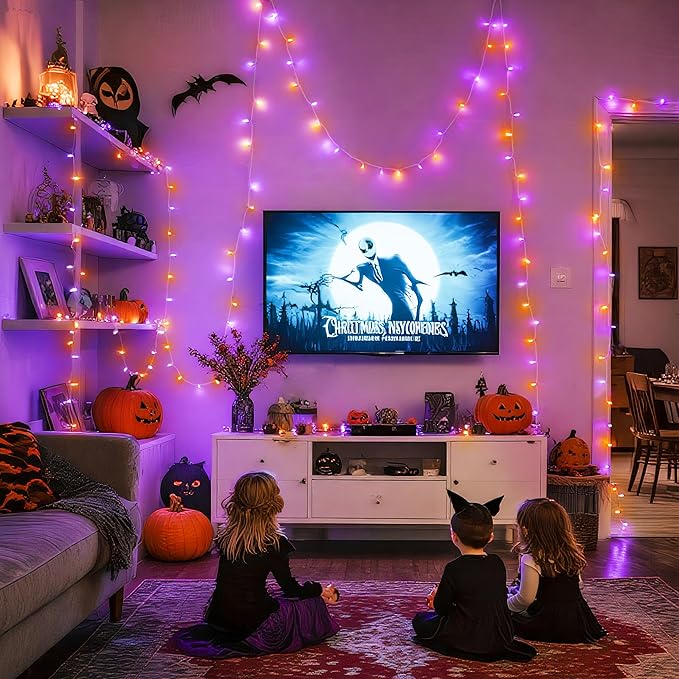 JMEXSUSS 163 FT 500 LED Halloween String Lights Indoor, Orange and Purple Halloween Lights Outdoor, 8 Modes Outdoor Waterproof Clear Wire Christmas String Light Plug in