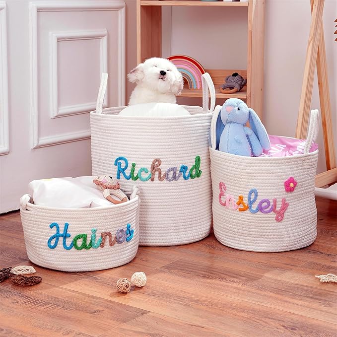 JUPPE Custom Baby Shower Basket, Personzlized Basket with Baby Name, Baby Boy Girl Storage Organizer Cotton Rope Nursery Decor Newborn Gift (XXL Basket)