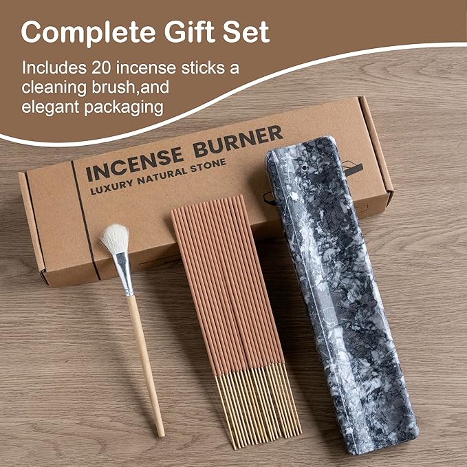 Marble Incense Holder Burner-Natural Stone Stick Incense Tray with Ash Catcher,20 Sticks & Brush - Elegant Decor for Meditation, Yoga, Home,Gift (Black)
