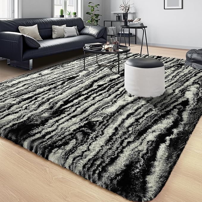 Tepook Fluffy Large Rugs for Living Room, 8x10 Area Rugs for Bedroom, Modern Shag Fuzzy Carpets for Kids Boys Girls, Plush Indoor Nursery Home Decor Rug with Non-Slip Bottom, Black White