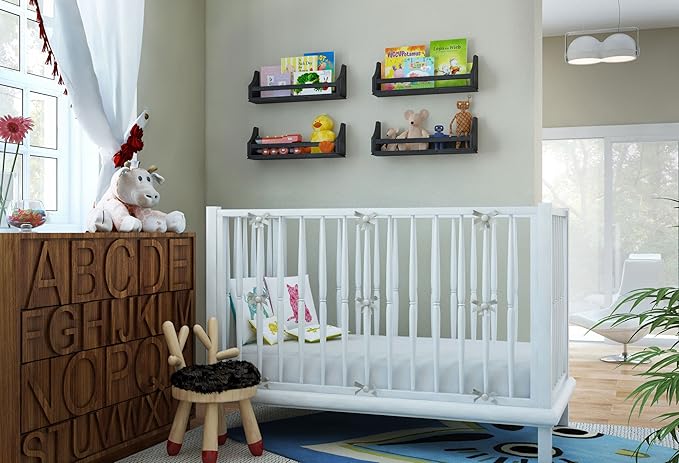 brightmaison Nursery Décor Black Wall Shelf Floating Bookshelf for Baby & Kids Room, Book Organizer Storage Molding Style Display Holder for Toys, CDs, Monitor - Ships Assembled (Set of 2)