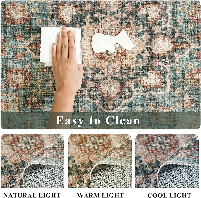 TOPRUUG Washable 6x6 Rug Square - Ultra Soft Living Room Area Rug Under Sofa Non-Slip Rugs for Bedroom Dining Room - Stain Resistant Farmhouse Decor for Family with Pets & Kids (Green, 6x6)