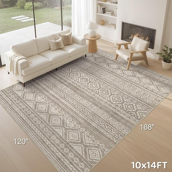 cotiled 10x14 Area Rug Living Room: Washable Boho Rugs with Non Slip Backing Large Soft Indoor Stain Resistant Carpet for Bedroom Farmhouse Dining Room Lightweight Home Decor Coffee Brown