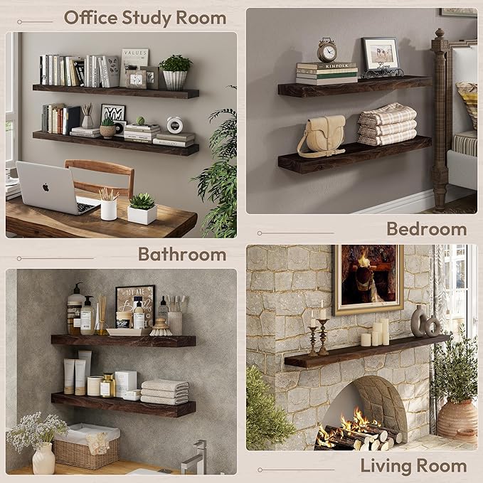 Marsmiles 48 inch Floating Shelves for Wall Solid Elm Wood Wall Mounted Shelves|Rustic Long Floating Shelves with Invisible Bracket for Bathroom Living Room Kitchen|Walnut, 1 Pack