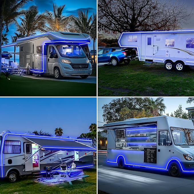 Gliztech RV Awning Lights 20FT, Camper Awning Lights for RV Canopy Exterior, IP67 12V Blue COB Waterproof Underglow Led Light kit for Motorhome, Travel Party, Trailers, Food Trucks (20FT-Blue)