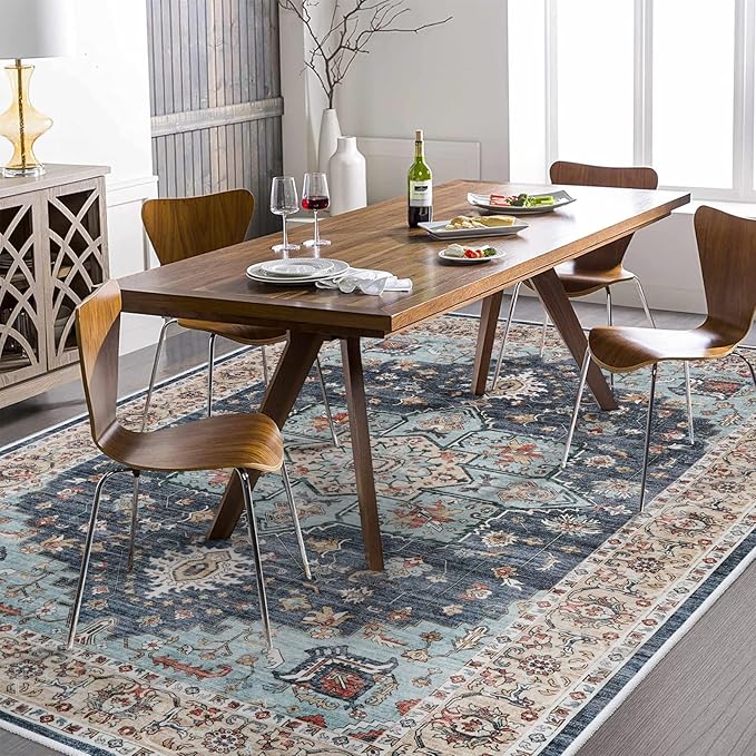 TOPRUUG Washable Oriental Area Rug - 5x7 Rugs for Living Room Soft Carpet for Bedroom Waterproof Floral Distressed Indoor Stain Resistant Non-Shedding Floor Carpets (Blue/Teal/Orange, 5x7)