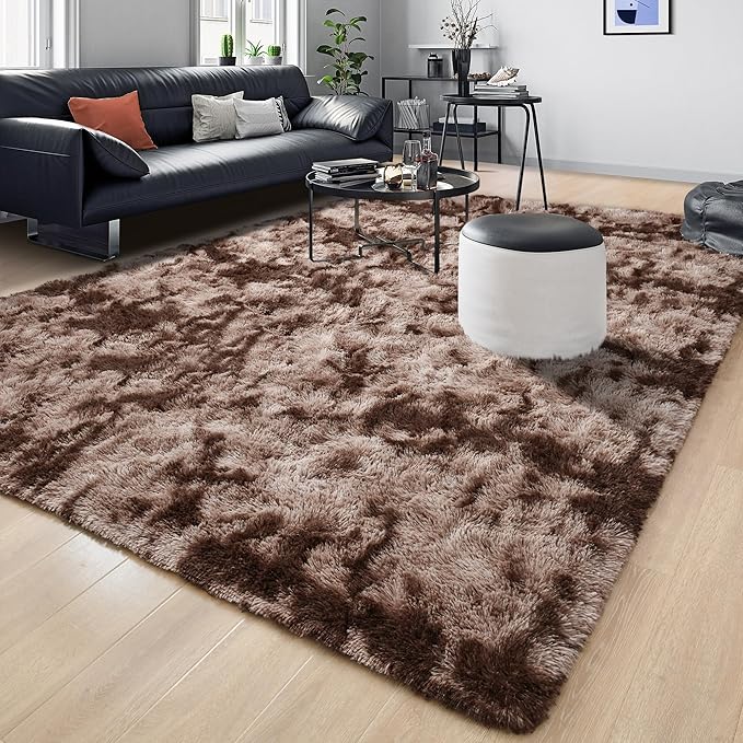 Tepook Fluffy Large Rugs for Living Room, 8x10 Area Rugs for Bedroom, Modern Shag Fuzzy Carpets for Kids Boys Girls, Plush Indoor Nursery Home Decor Rug with Non-Slip Bottom, Tie-Dyed Coffee