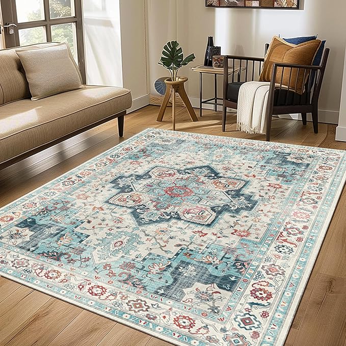 GENIMO 8x10 Area Rugs for Living Room, Machine Washable Non Slip Rugs, Low Pile Lightweight Vintage Print Rug for Bedroom, Dining Room, Home Office, Turquoise & White