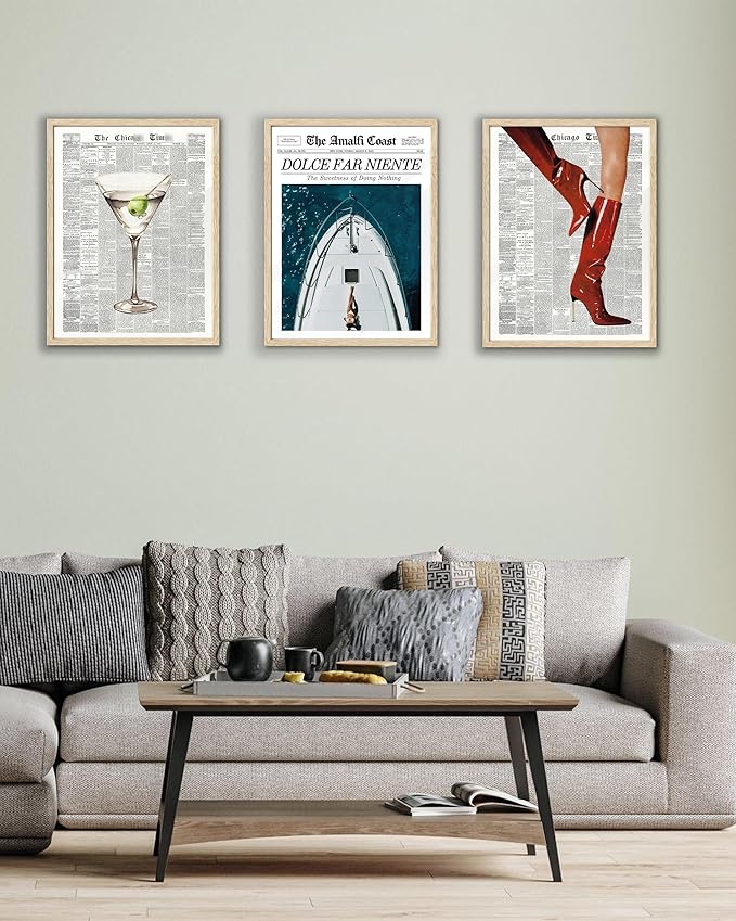 EcoHest Trendy Newspaper Dolce Far Niente Framed Wall Art, 12x16 in OAK Wood La Dolce Vita Canvas Art, Magazine Italian Summer Headline Print Decor, Beige Logs Set of 1 for Bedroom Living Room