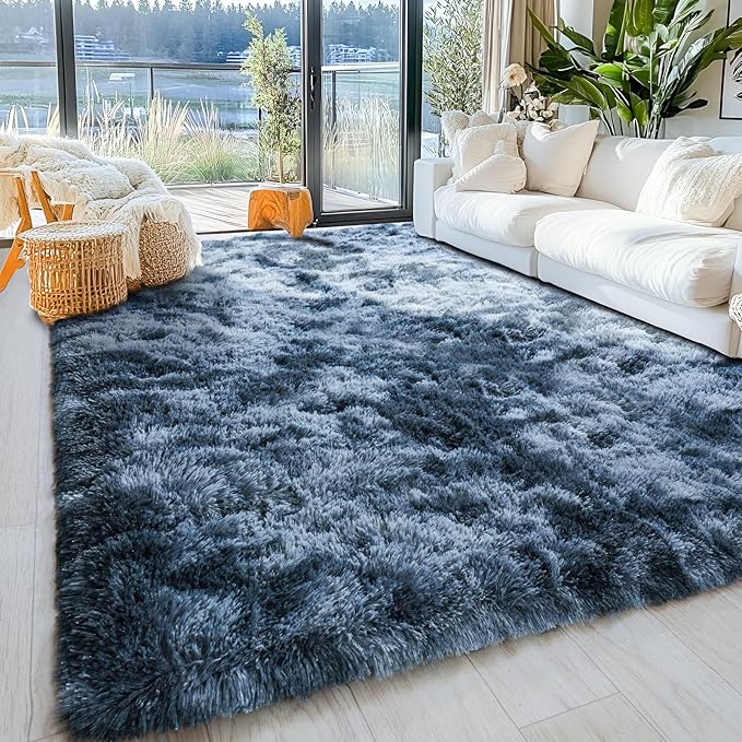 Area Rugs for Living Room 6x9, Ultra Soft Fluffy Rug for Bedroom, Modern Shaggy Carpets Fuzzy Rug for Girls Boys Room Home Indoor Nursery Teens Dorm Decor, Upgrade Non-Slip Durable, Tie-Dyed Blue Grey