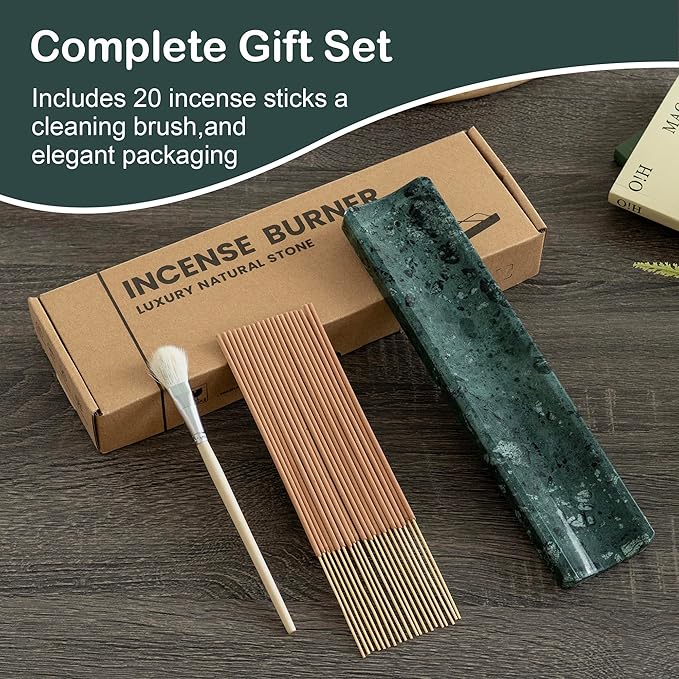 Marble Incense Holder Burner-Natural Stone Stick Incense Tray with Ash Catcher,20 Sticks & Brush - Elegant Decor for Meditation, Yoga, Home,Gift(Green)