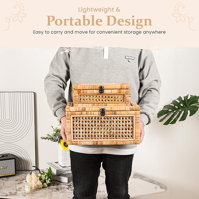 Large Set of 2 Handwoven Rattan Decorative Boxes with Glass Lids - Stackable Wicker Storage Boxes for Home Decor - Coffee Table Box Organizers - Woven Box with Lid for Shelves