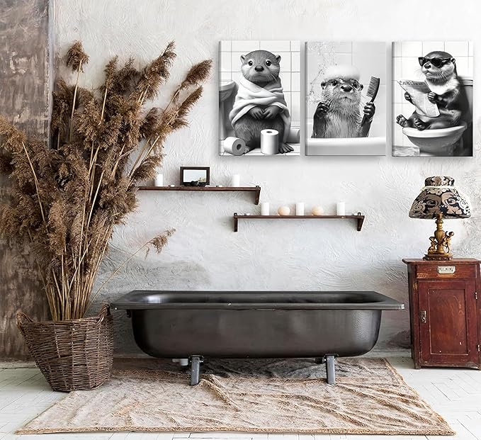 3Pcs Framed Cute Otter Canvas Wall Art Black And White Animal Poster Print Funny otter bathing and reading newspaper Picture Painting Wall Decor for Bathroom Restroom Home Decoration
