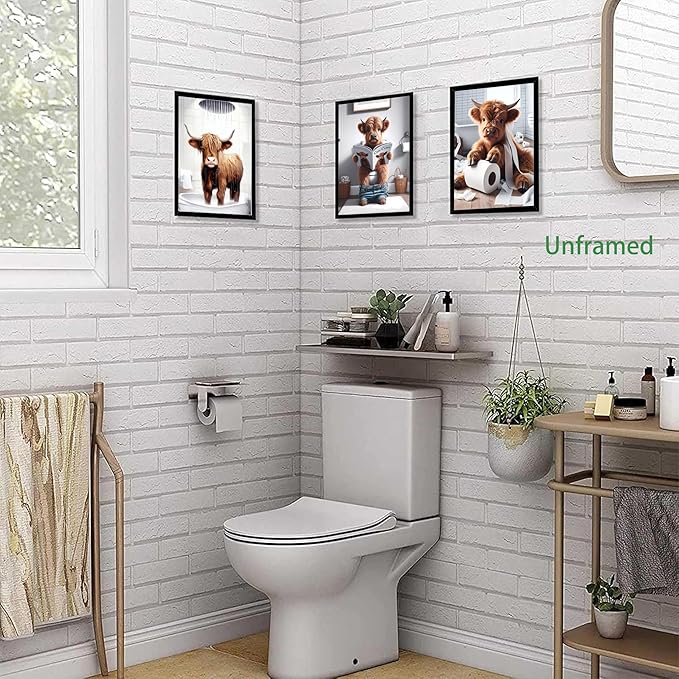 SEHSUVC Funny Bathroom Cow Posters Wall Art Set of 9, Vintage Brown Highland Cow Canvas Prints Pictures, Art Animal Restroom Wall Decor for Bathroom Bedroom Babyroom Decoration 8x10In Unframed