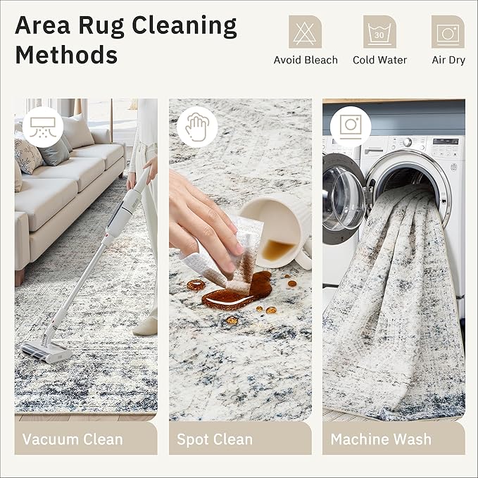 Soalmost 5x7 Area Rugs Blue Ivory Low Pile Indoor Washable Trendy Faded Style Rugs for Bedroom Living Room Dining Room Foldable Non-Slip Thin Print Mat
