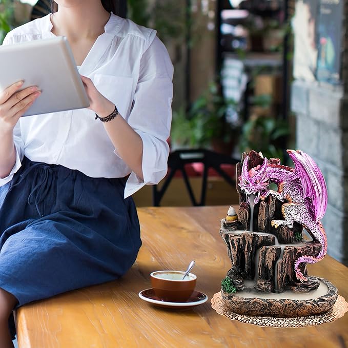 Dragon Backflow 2 Sided Mountain Waterfall Incense Burner,Fountain Smoke Incense Holder with Backflow Incense Cones, Tweezers, Mat,Resin Aromatherapy Meditationvaiuk (Purple)