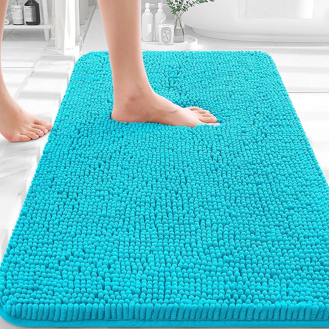 OLANLY Bathroom Rugs 32x20, Extra Soft Absorbent Chenille Bath Rugs, Rubber Backing Quick Dry, Machine Washable Bath Mats for Bathroom Floor, Tub and Shower, Home Decor Accessories, Aqua Sky