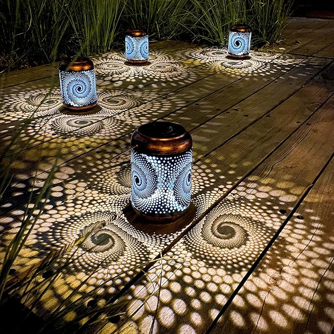 DIBIEECN Mothers Day Gifts for Mom, Birthday Gifts Grandma Ladies Solar Lanterns Outdoor Hanging Hollowed-Out Metal Waterproof LED Garden Decor Outside for Patio Yard Porch, Blue, 4 Pack
