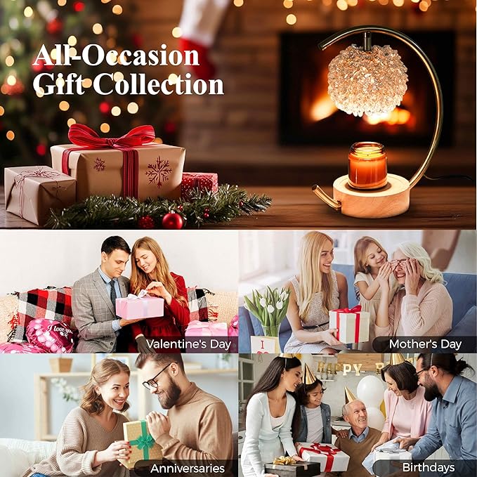 Yeuslor Gold Candle Warmer Lamp for Jar Candles with Adjustable Brightness&Timer,Handcrafted Crystal&Wooden Base, Luxurious Design,Home Decoration Electric Candle lamp(C-Shaped)