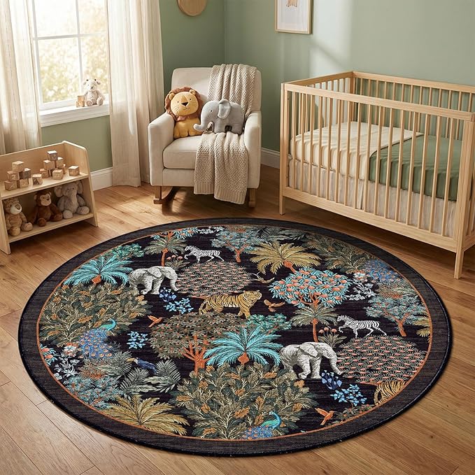 GarveeHome Jungle Round Washable Rugs 4ft Non-Slip Soft Round Rug for Kids Room, Forest Animal Print Tiger Circle Carpet for Bedroom Entryway Playroom Nursery, Black