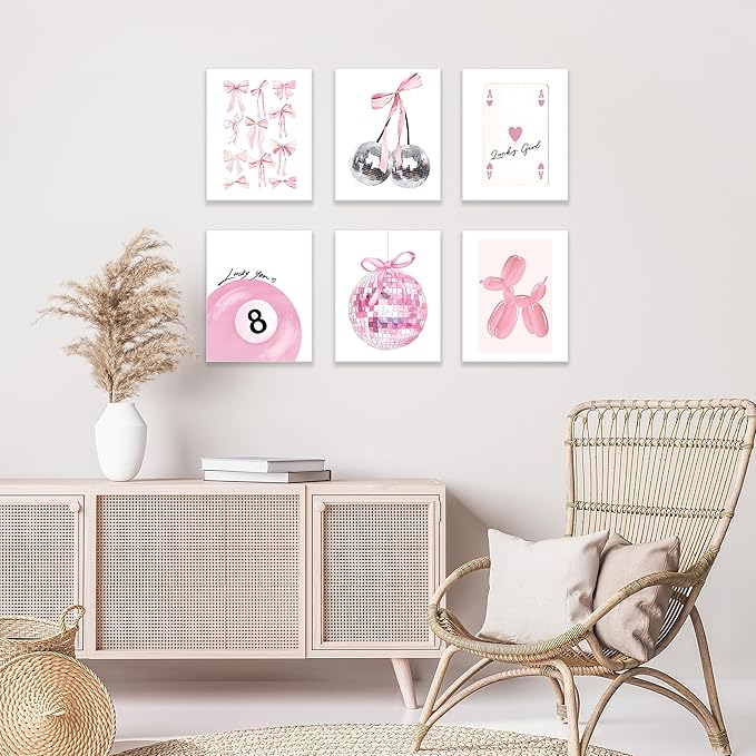 Coquette Room Decor, Preppy Aesthetic Posters for Room, Pink Disco 8 Ball Wall Art Prints, Trendy Cute Teen Girls College Dorm Bedroom TikTok Lucky Cherry Wall Posters, 8 x 10 Unframed, Set of 6