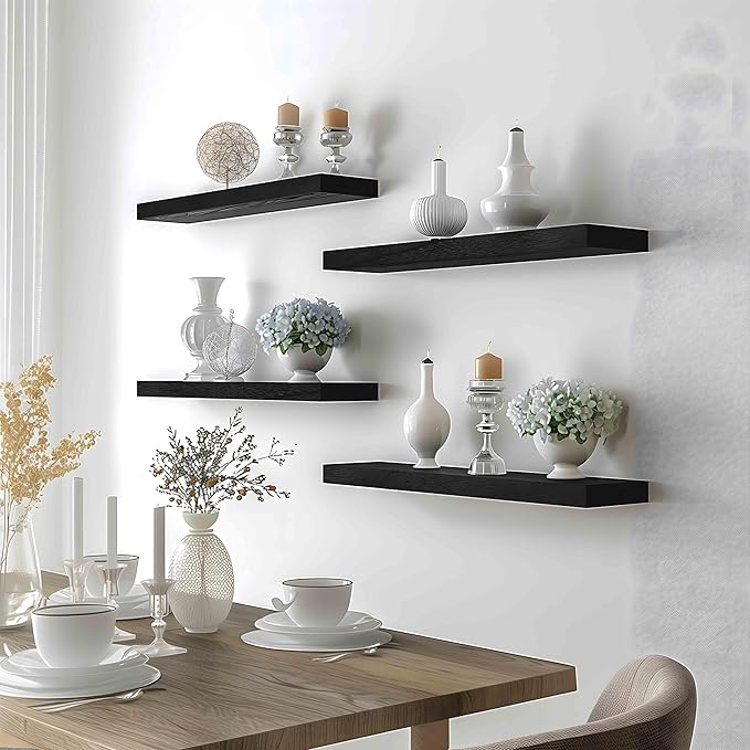 GXYAWPJ 24 Inch Floating Shelves for Wall Rustic Black Wood Wall Shelves for Bedroom Set of 4