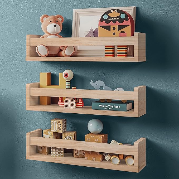 NATURE SUPPLIES Nursery Book Shelves, Set of 3 Floating Bookshelves for Wall for Nursery Decor & Playroom Decor, Bookshelf Kids, Baby Book Shelf Organizer (Natural Wood)
