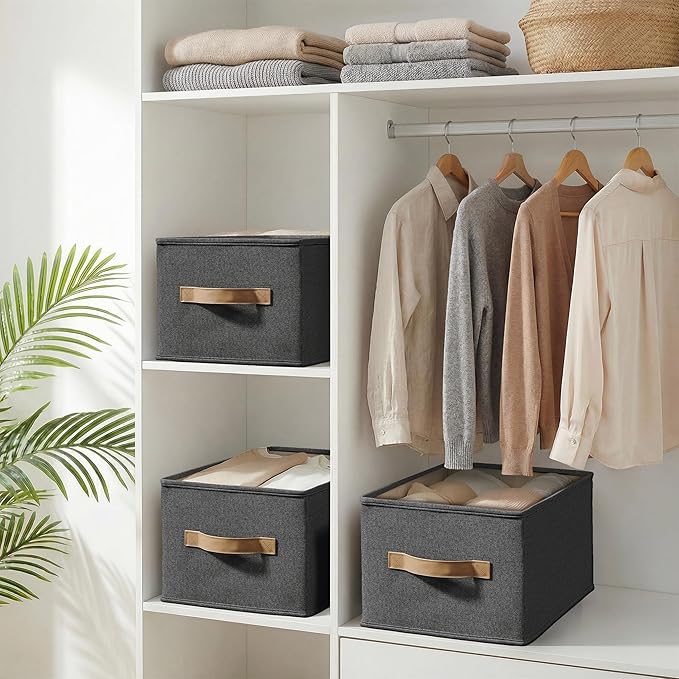 LayerSpace 3 Pack Fabric Storage Bins for Shelves | 16.25x12x10in Closet | Collapsible Bins for Organization | Linen Clothes Storage Bins | Black