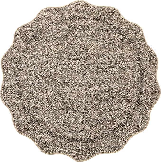 GarveeHome Scalloped Washable Round Rugs, Non-Slip Soft Round Rug 4ft Ultra-Thin, Small Boho Circle Stain Resistant Low Pile Carpet for Entryway Kitchen Bedroom Nursery Bathroom, Brown