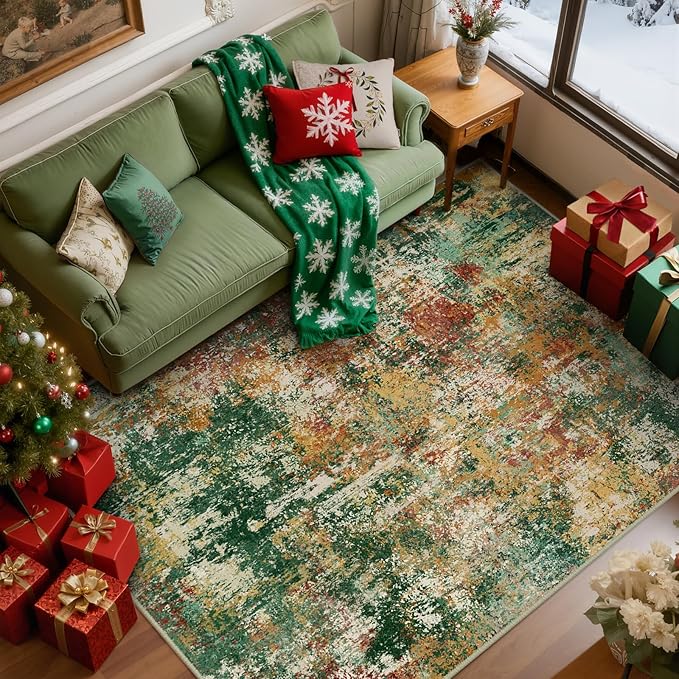 RELEANY Washable Area Rugs 6'x9' Non-Slip Modern Abstract Soft for Living Room Entryway Bedroom Nursery, Print Pattern, Green Orange Rust Red Cream Colorful