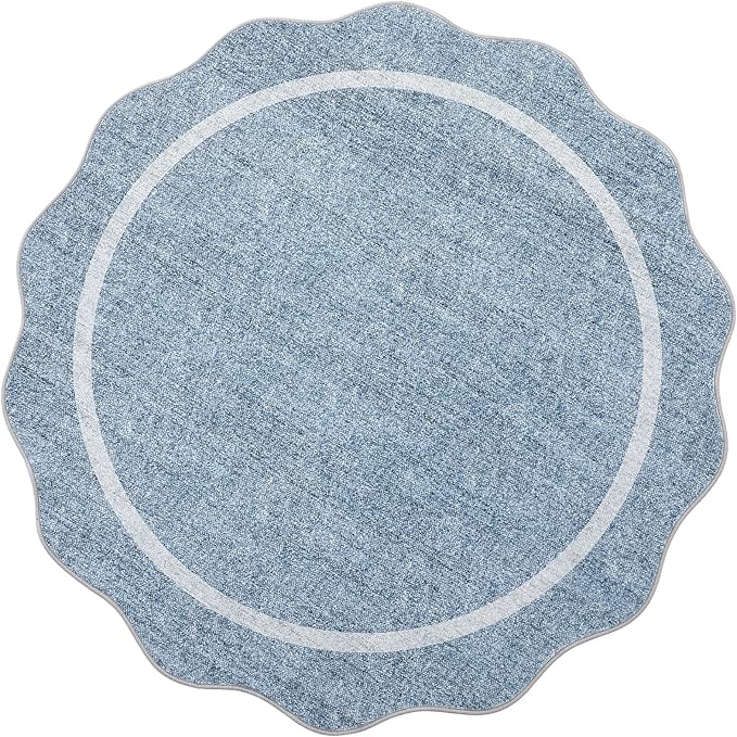 GarveeHome Scalloped Round Washable Rug, Soft Modern Round Rugs 5ft Circle Carpets for Bedroom Ultra-Thin, Boho Blue Print Distressed Circular Carpet for Living Room Dorm Bedside, Blue