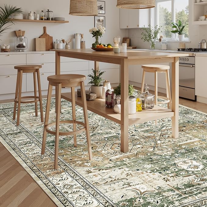 Soalmost 9x12 Area Rugs for Living Room, Non Slip Machine Washable Vintage Rugs, Low Pile Lightweight Large Rug for Bedroom, Dining Room, Home Office Olive