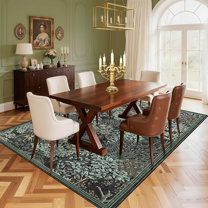 GarveeHome Forest Rug 9x12 Washable Area Rugs for Living Room, Botanical Low Pile Non Slip Stain Resistance Large Woodland Carpet for Office Dining Room Bedroom Farmhouse, Black Green