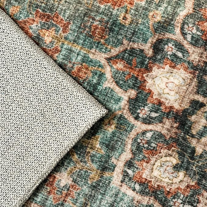 TOPRUUG Washable Oriental Area Rug - 7x9 Rugs for Living Room Soft Carpet for Bedroom Waterproof Floral Distressed Indoor Stain Resistant Non-Shedding Floor Carpets (Green, 7x9)