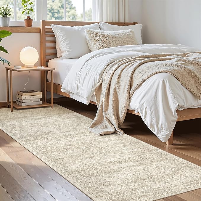 Soalmost Washable Runner Rug, 2'6" x 8' Non-Slip Kitchen Vintage Foldable Hallway Runners for Entryway, Laundry, Bedroom, Beige