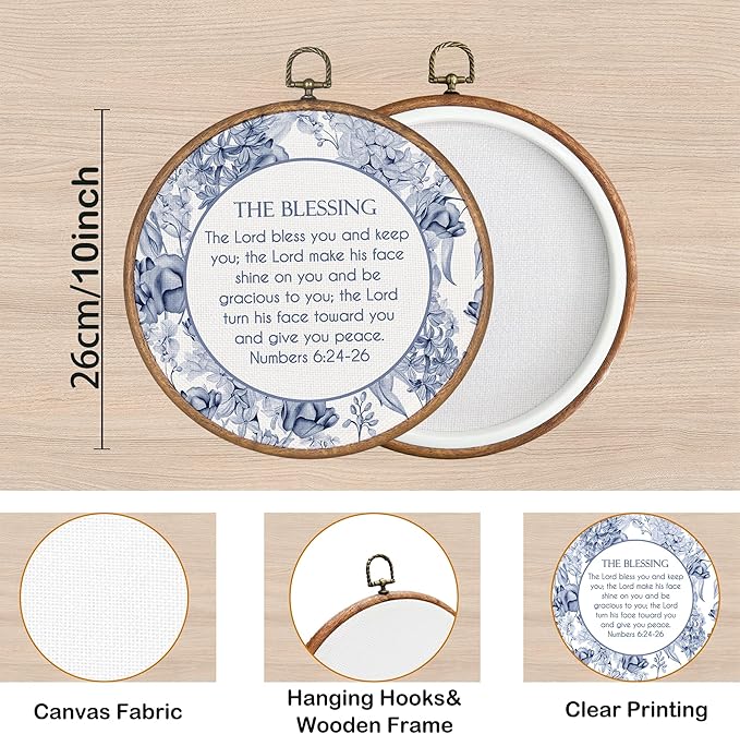 KSDUT Christian Flower Wall Decor Art - Blue Trendy Retro Wall Art Canvas Frame Hanging Prints, Bible Verse Preppy Round Wall Art Decor for Grandmillennial Home Bedroom Decorations 10"x10"