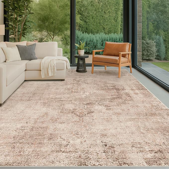 Hazo Haus Farmhouse Area Rugs for Living Room, 8x10 Washable Modern Abstract Rug for Bedroom, Dining Room Under Table & Home Office, Ultra-Soft Low Pile Design, Stain Resistant (Beige & Peach)