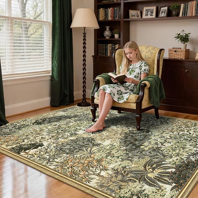 GarveeHome Forest Rugs 8x10, Brown Green Washable Area Rugs for Living Room 8x10, Botanical Low Pile Non Slip Stain Resistance Woodland Rug for Farmhouse Bedroom Dining Room