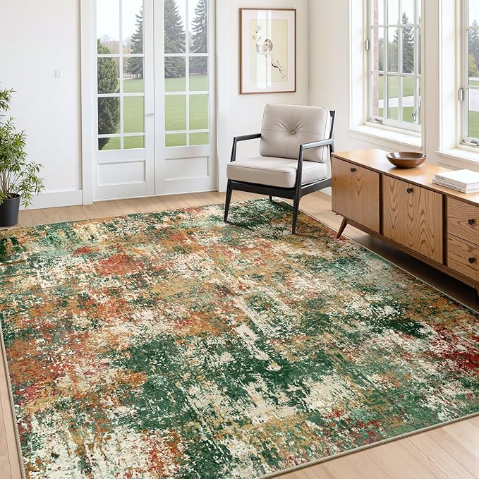 RELEANY Washable Area Rugs 5'x8' Non-Slip Modern Abstract Soft for Living Room Entryway Bedroom Nursery, Print Pattern, Green Orange Rust Red Cream Colorful