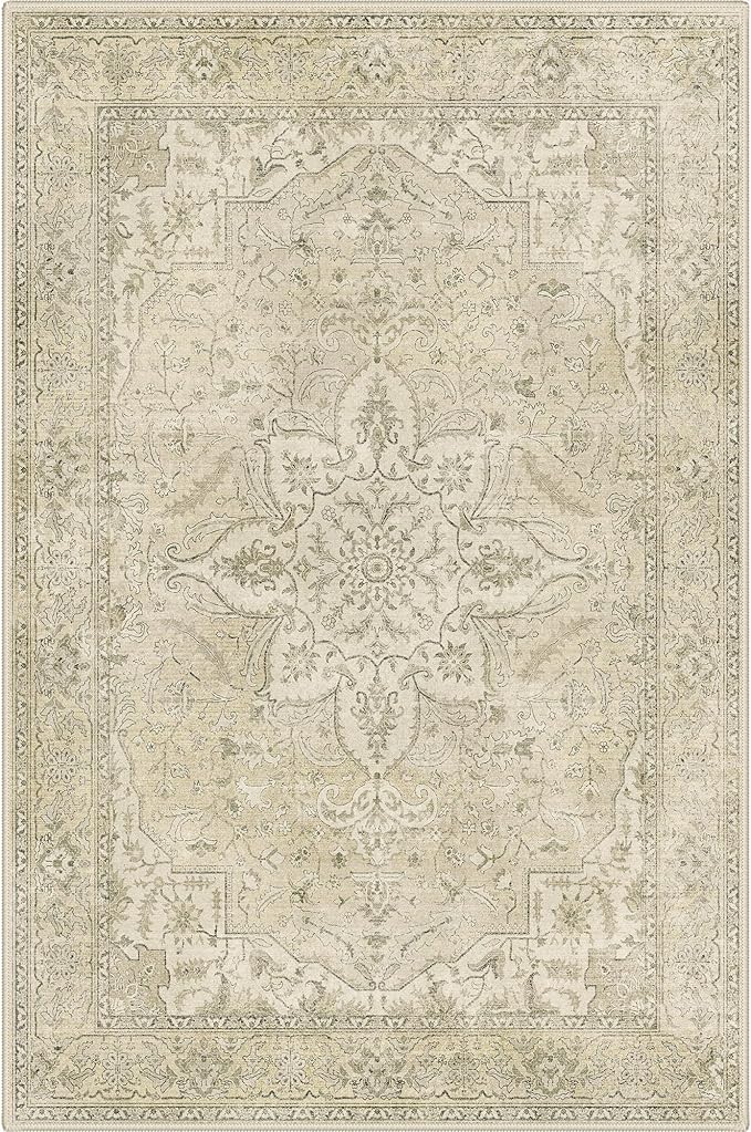 GENIMO 5X7 Washable Vintage Area Rugs for Living Room, Non-Slip Low Pile Chenille Print Rug, Soft Rugs for Bedroom Dining Room Home Office, Linen & Taupe