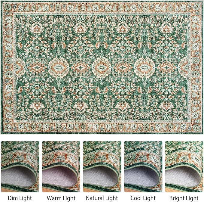 Goideal Washable Rug 6x9, Vintage Area Rugs Non Slip, Indoor Low Pile Carpet with Rubber Backing for Living Room Kitchen Bathroom Entryway Office Bedroom, Green & Orange