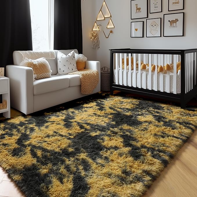 Amdrebio Black Gold Yellow Grey Rugs for Living Room Bedroom Decor, 6x9 Large Fluffy Furry Fuzzy Area Rug for Kids Room Dorm Home Office, Modern Cool Leopard Cheetah Shag Carpet for Teen Boys Men