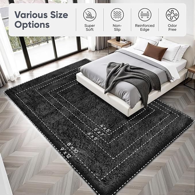 Area Rug for Living Room Bedroom: 9x12 Black Soft Fluffy Shag Upgrade Non-Slip High Pile Carpet Large Fuzzy Plush Indoor Floor Decor Shaggy Rug for Kid Boys Girls Dorms Playroom Nursery Modern Home