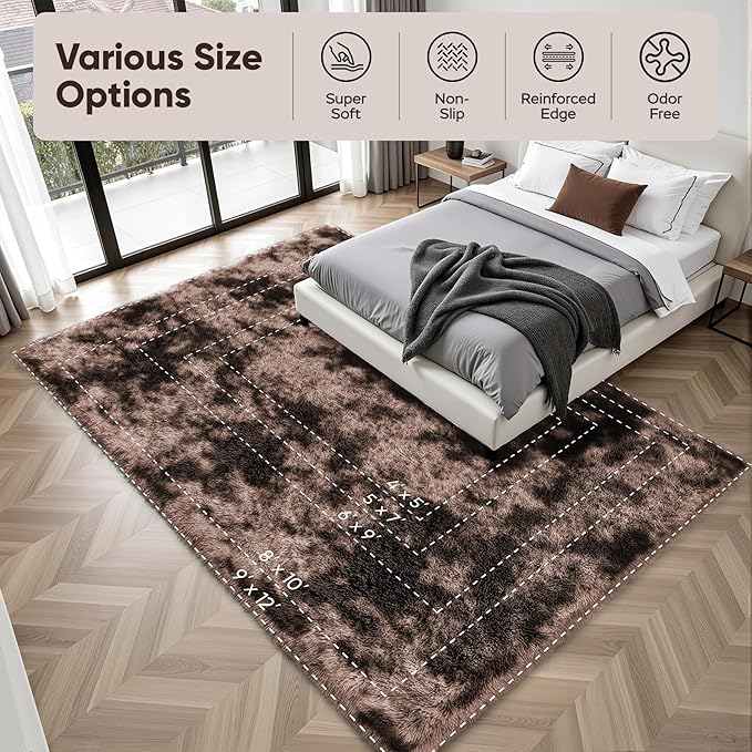 Area Rug for Living Room Bedroom: 6x9 Soft Fluffy Shag Upgrade Non-Slip High Pile Carpet Large Fuzzy Plush Indoor Floor Decor Shaggy Coffe Tie-Dyed Rug for Kid Boys Girls Playroom Nursery Modern Home