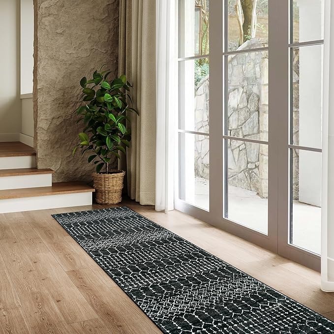 Lahome Moroccan Black Long Runner Washable Hallway Rug, Ultra-Thin Non Slip Kitchen Runner, Soft Modern Print Indoor Floor Carpet for Entryway Stair (Black, 2'5''x12'') Hana