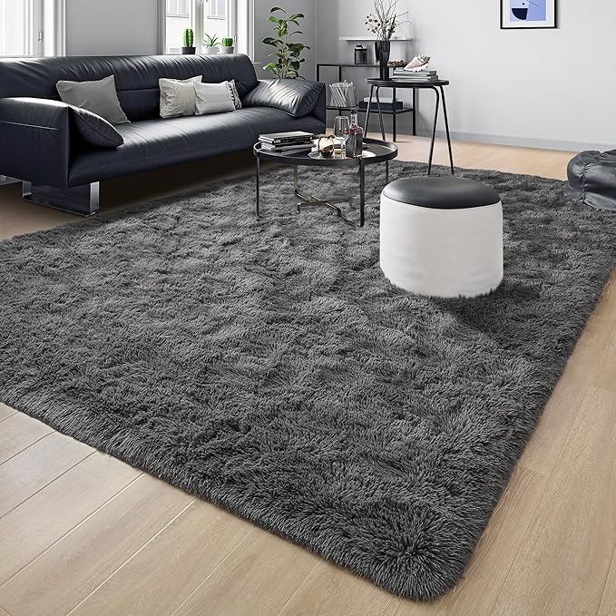 Tepook Fluffy Large Rugs for Living Room, 8x10 Area Rugs for Bedroom, Modern Shag Fuzzy Carpets for Kids Boys Girls, Plush Indoor Nursery Home Decor Rug with Non-Slip Bottom, Dark Grey
