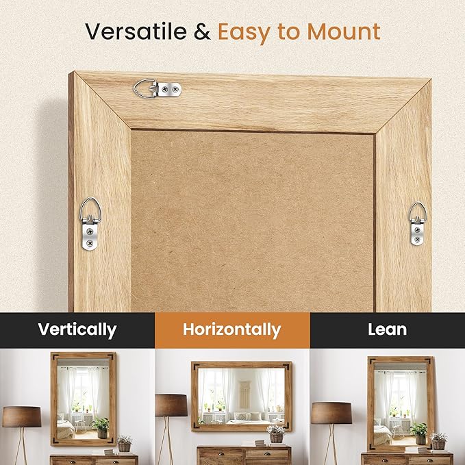 TRAHOME Full Length Mirror with Wooden Frame, 40"X28" Solid Wood Standing Floor Mirror for Farmhouse, Bathroom, Bedroom Decor, Hanging or Leaning Wall-Mounted